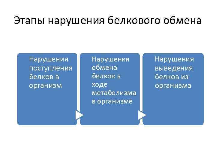 Этапы нарушения белкового обмена Нарушения поступления белков в организм Нарушения обмена белков в ходе