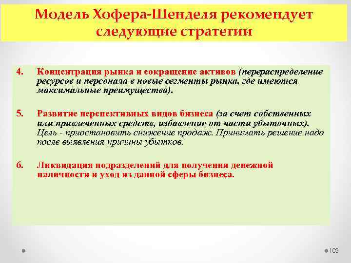 Модель Хофера Шенделя рекомендует следующие стратегии 4. Концентрация рынка и сокращение активов (перераспределение ресурсов