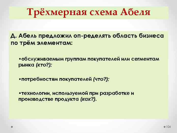 Трёхмерная схема Абеля Д. Абель предложил оп ределять область бизнеса по трём элементам: •