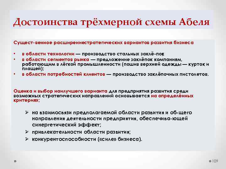 Достоинства трёхмерной схемы Абеля Сущест венное расширениестратегических вариантов развития бизнеса • • • в