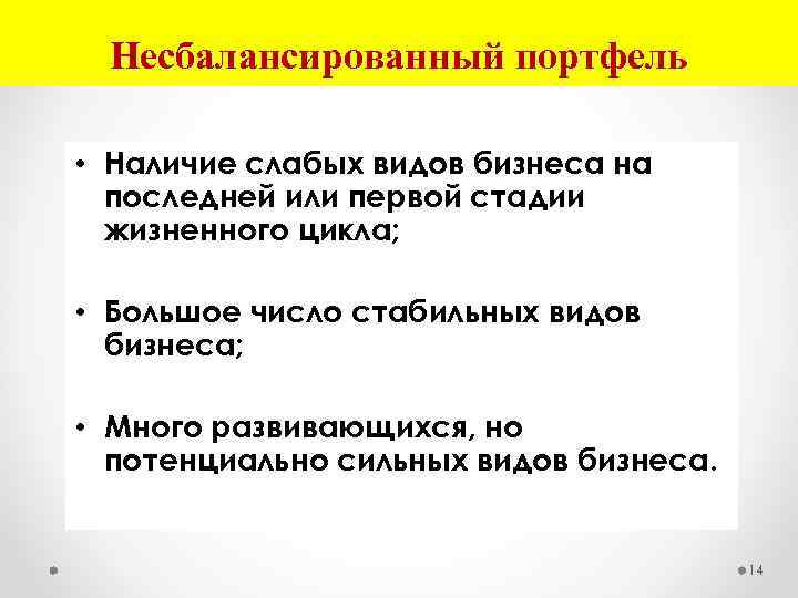 Несбалансированный портфель • Наличие слабых видов бизнеса на последней или первой стадии жизненного цикла;