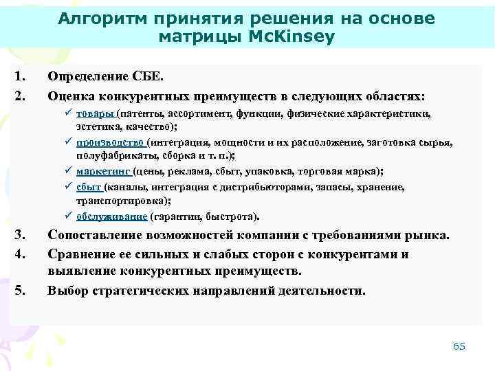 Алгоритм принятия решения на основе матрицы Mc. Kinsey 1. 2. Определение СБЕ. Оценка конкурентных