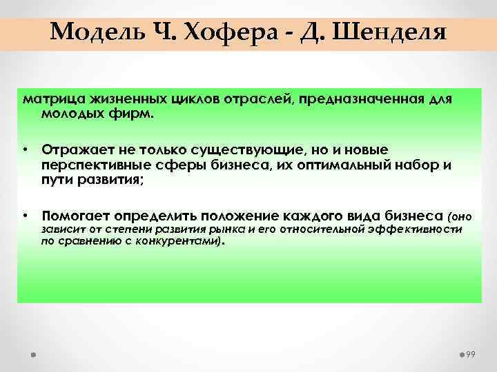 Модель Ч. Хофера Д. Шенделя матрица жизненных циклов отраслей, предназначенная для молодых фирм. •