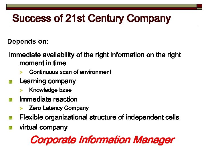 Success of 21 st Century Company Depends on: Immediate availability of the right information