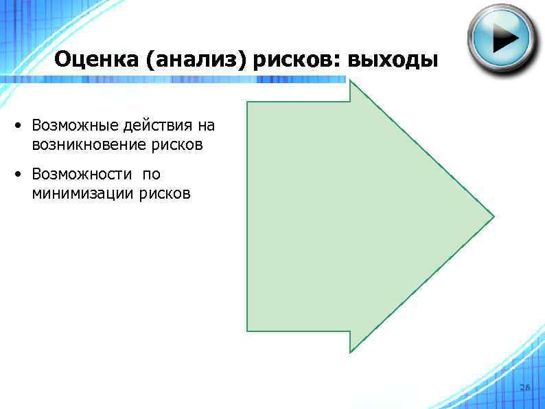 Оценка (анализ) рисков: выходы • Возможные действия на возникновение рисков • Возможности по минимизации