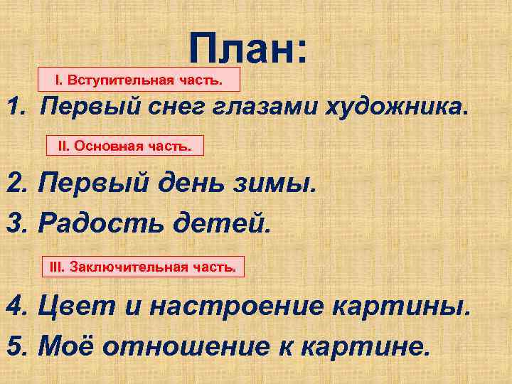 План: I. Вступительная часть. 1. Первый снег глазами художника. II. Основная часть. 2. Первый