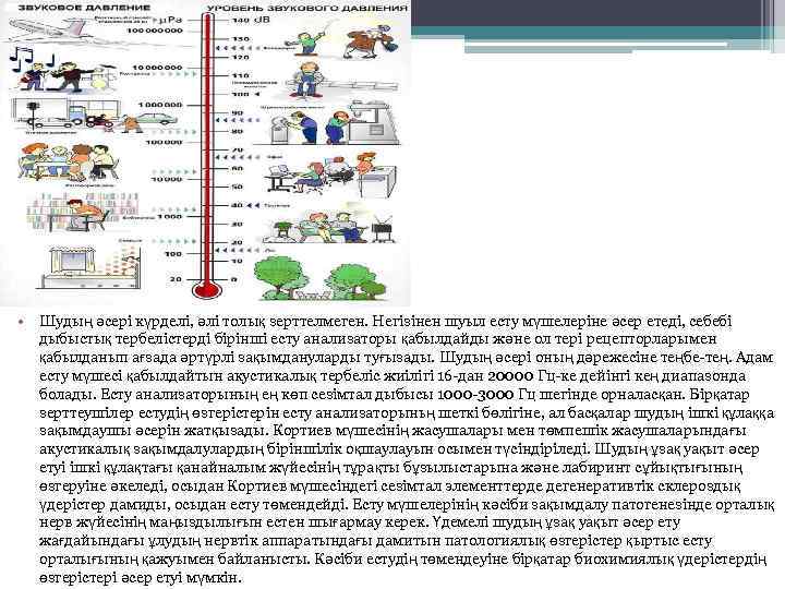  • Шудың әcepi күрделi, әлі толық зерттелмеген. Негiзiнен шуыл есту мүшелерiне әсер етедi,