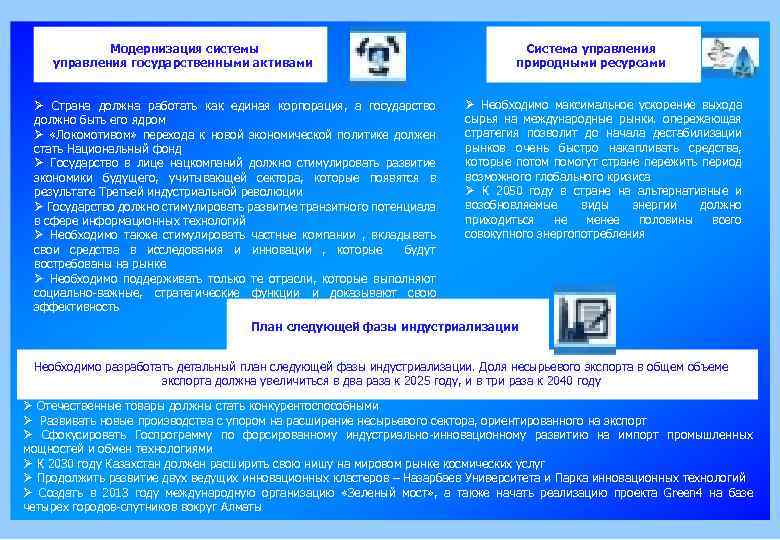 Модернизация системы управления государственными активами Ø Страна должна работать как единая корпорация, а государство