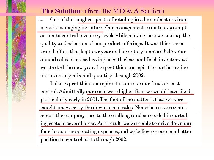 The Solution- (from the MD & A Section) 