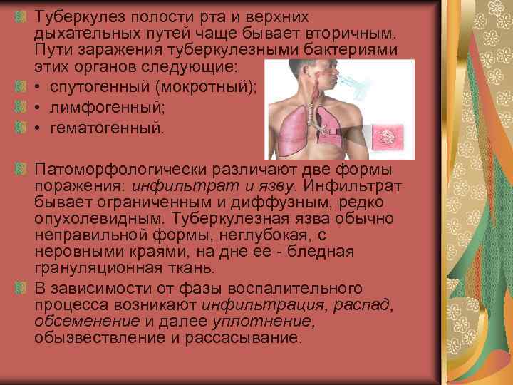 Туберкулез полости рта и верхних дыхательных путей чаще бывает вторичным. Пути заражения туберкулезными бактериями