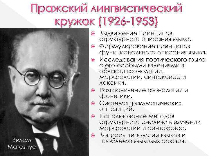 Пражский лингвистический кружок (1926 -1953) Вилем Матезиус Выдвижение принципов структурного описания языка. Формулирование принципов