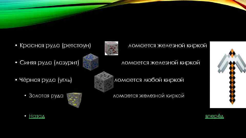  • Красная руда (ретстоун) • Синяя руда (лазурит) ломается железной киркой • Чёрная