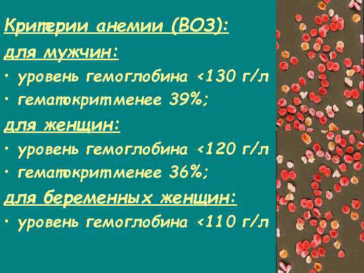 Критерии анемии (ВОЗ): для мужчин: • уровень гемоглобина <130 г/л • гематокрит менее 39%;