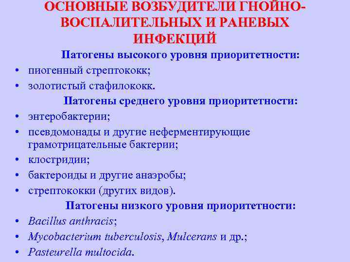 ОСНОВНЫЕ ВОЗБУДИТЕЛИ ГНОЙНОВОСПАЛИТЕЛЬНЫХ И РАНЕВЫХ ИНФЕКЦИЙ • • • Патогены высокого уровня приоритетности: пиогенный