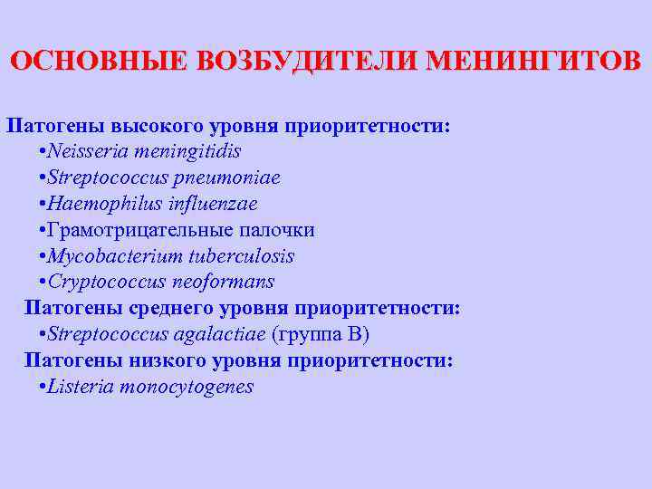 ОСНОВНЫЕ ВОЗБУДИТЕЛИ МЕНИНГИТОВ Патогены высокого уровня приоритетности: • Neisseria meningitidis • Streptococcus pneumoniae •