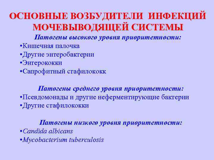 ОСНОВНЫЕ ВОЗБУДИТЕЛИ ИНФЕКЦИЙ МОЧЕВЫВОДЯЩЕЙ СИСТЕМЫ Патогены высокого уровня приоритетности: • Кишечная палочка • Другие