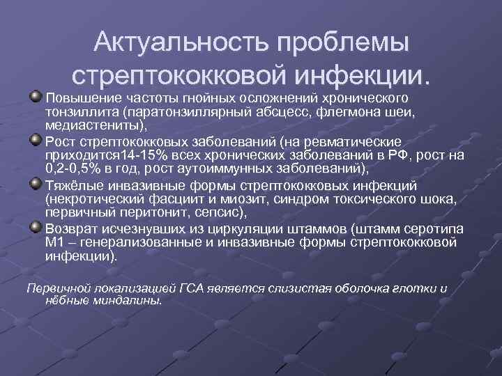 Актуальность проблемы стрептококковой инфекции. Повышение частоты гнойных осложнений хронического тонзиллита (паратонзиллярный абсцесс, флегмона шеи,