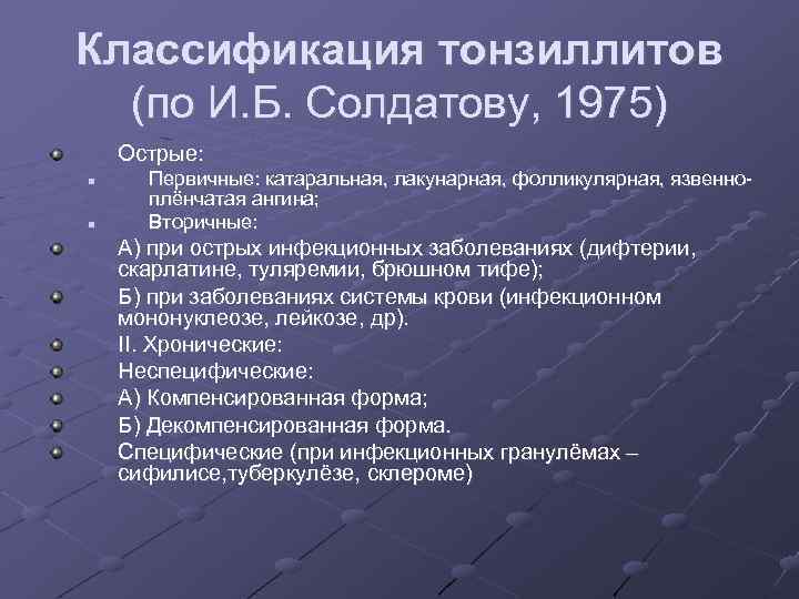 Классификация тонзиллитов (по И. Б. Солдатову, 1975) Острые: Первичные: катаральная, лакунарная, фолликулярная, язвенноплёнчатая ангина;