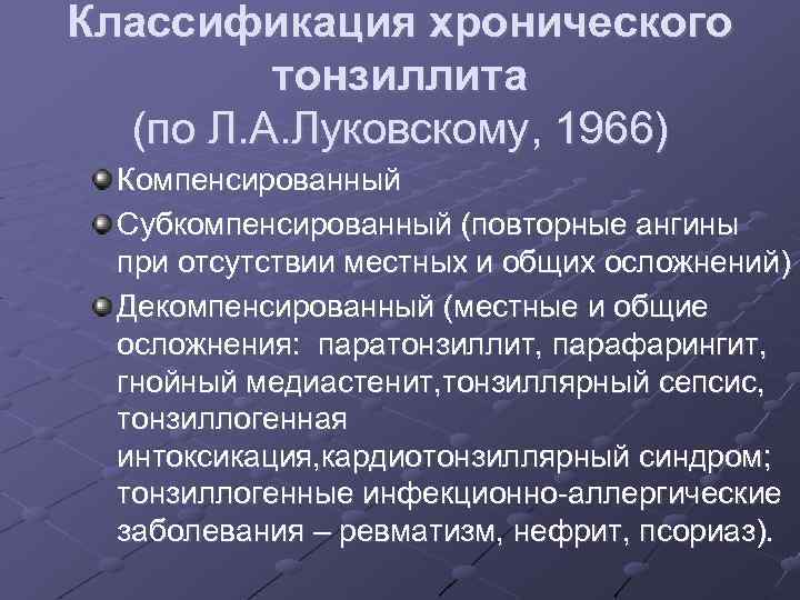 Классификация хронического тонзиллита (по Л. А. Луковскому, 1966) Компенсированный Субкомпенсированный (повторные ангины при отсутствии