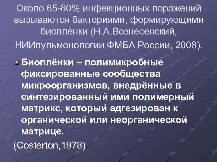 Около 65 -80% инфекционных поражений вызываются бактериями, формирующими биоплёнки (Н. А. Вознесенский, НИИпульмонологии ФМБА