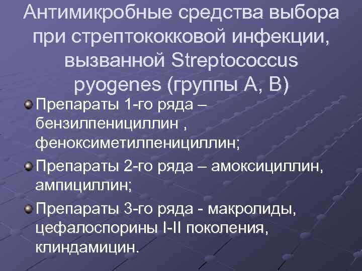 Антимикробные средства выбора при стрептококковой инфекции, вызванной Streptococcus pyogenes (группы А, В) Препараты 1