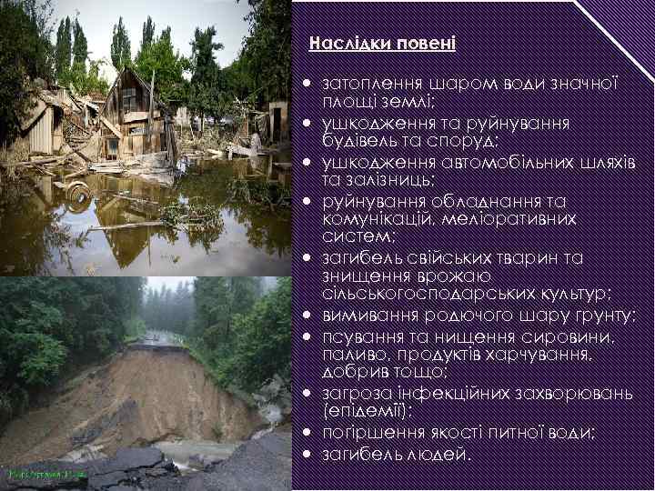 Наслідки повені затоплення шаром води значної площі землі; ушкодження та руйнування будівель та споруд;