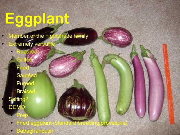 Eggplant • Member of the nightshade family • Extremely versatile • Roasted • Grilled