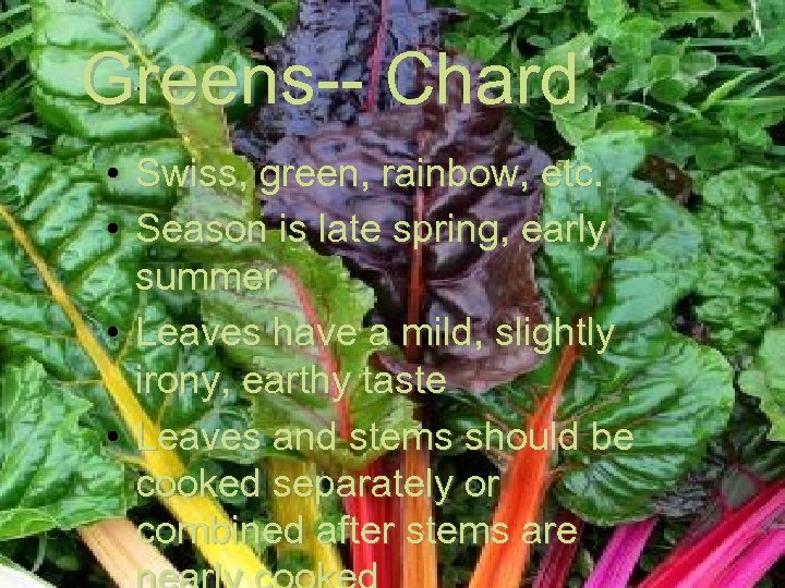 Greens-- Chard • Swiss, green, rainbow, etc. • Season is late spring, early summer