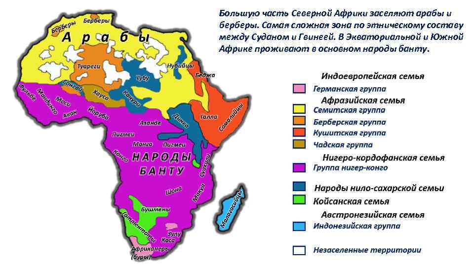 Большую часть Северной Африки заселяют арабы и берберы. Самая сложная зона по этническому составу