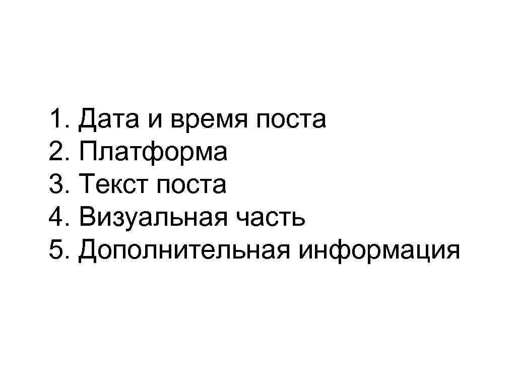 1. Дата и время поста 2. Платформа 3. Текст поста 4. Визуальная часть 5.