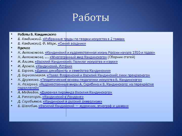 Работы • • • • Работы В. Кандинского В. Кандинский. «Избранные труды по теории