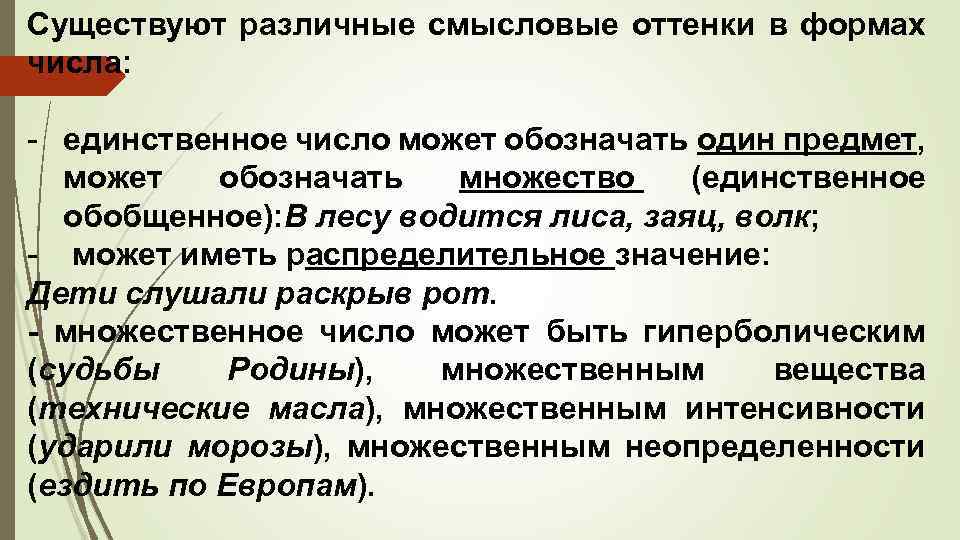 Существуют различные смысловые оттенки в формах числа: - единственное число может обозначать один предмет,