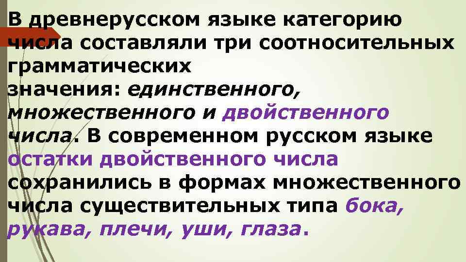 В древнерусском языке категорию числа составляли три соотносительных грамматических значения: единственного, множественного и двойственного