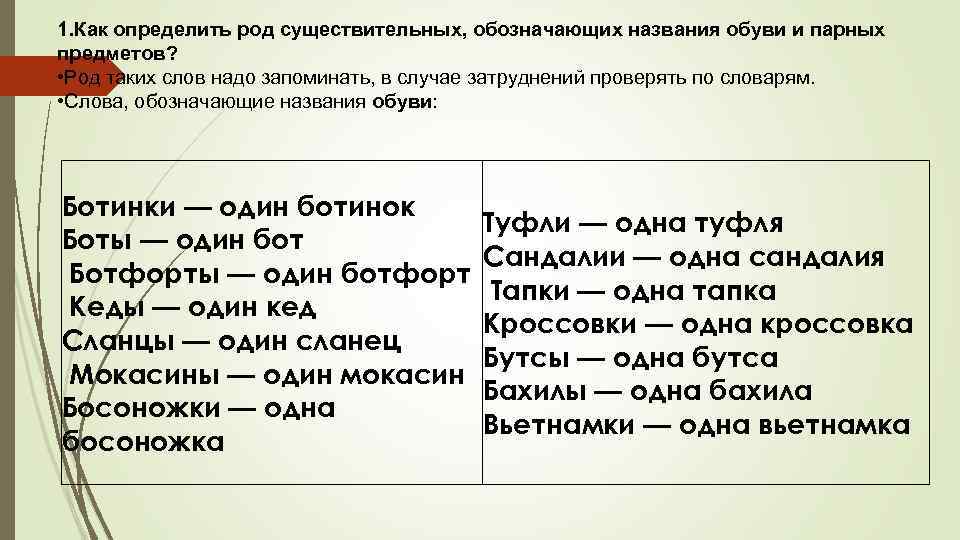 1. Как определить род существительных, обозначающих названия обуви и парных предметов? • Род таких