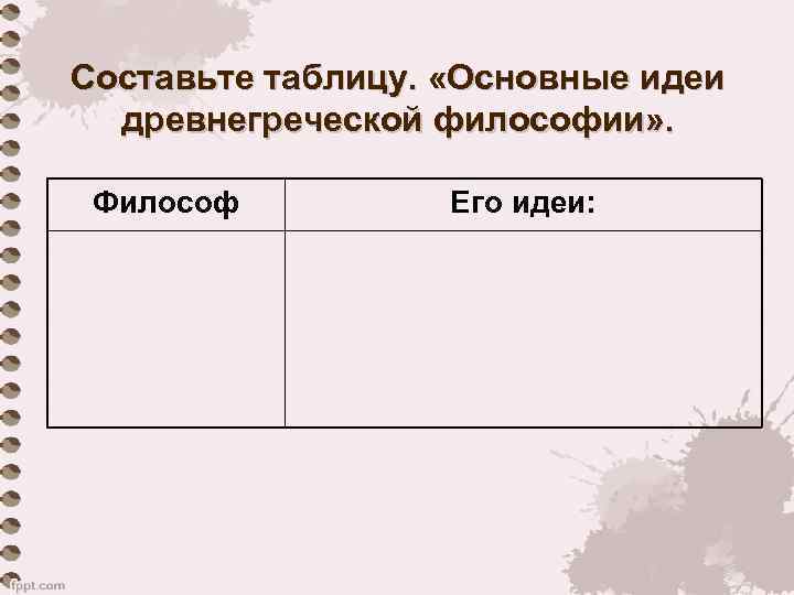 Составьте таблицу. «Основные идеи древнегреческой философии» . Философ Его идеи: 