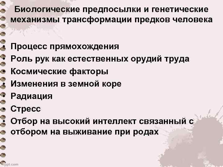 Биологические предпосылки и генетические механизмы трансформации предков человека • • Процесс прямохождения Роль рук