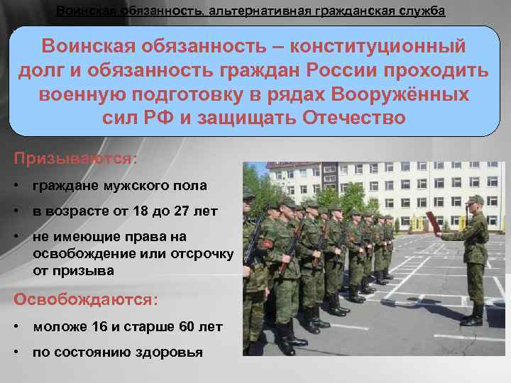 Воинская обязанность, альтернативная гражданская служба Воинская обязанность – конституционный долг и обязанность граждан России