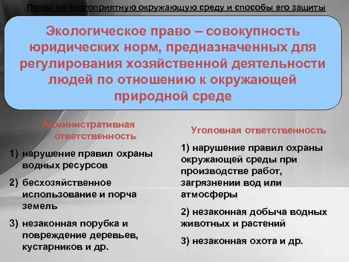 Право на благоприятную окружающую среду и способы его защиты Экологическое право – совокупность юридических