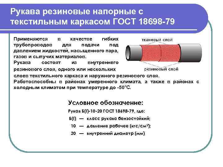 Рукава резиновые напорные с текстильным каркасом ГОСТ 18698 -79 Применяются в качестве гибких трубопроводов