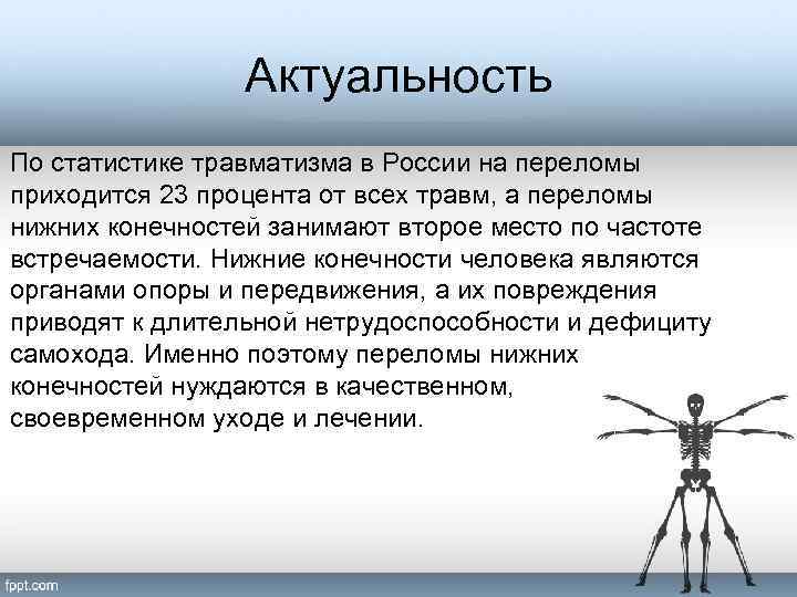 Актуальность По статистике травматизма в России на переломы приходится 23 процента от всех травм,