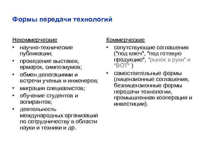 Формы передачи технологий Некоммерческие • научно-технические публикации; • проведение выставок, ярмарок, симпозиумов; • обмен