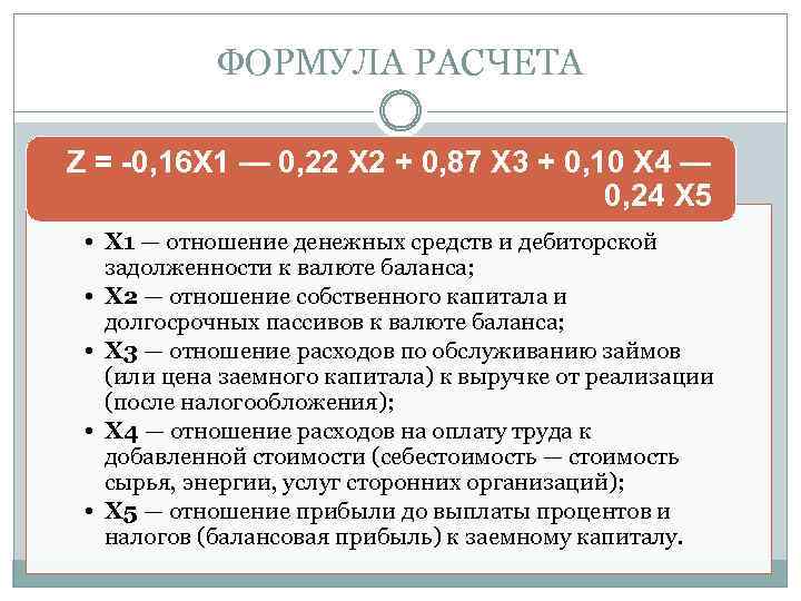 ФОРМУЛА РАСЧЕТА Z = -0, 16 Х 1 — 0, 22 Х 2 +