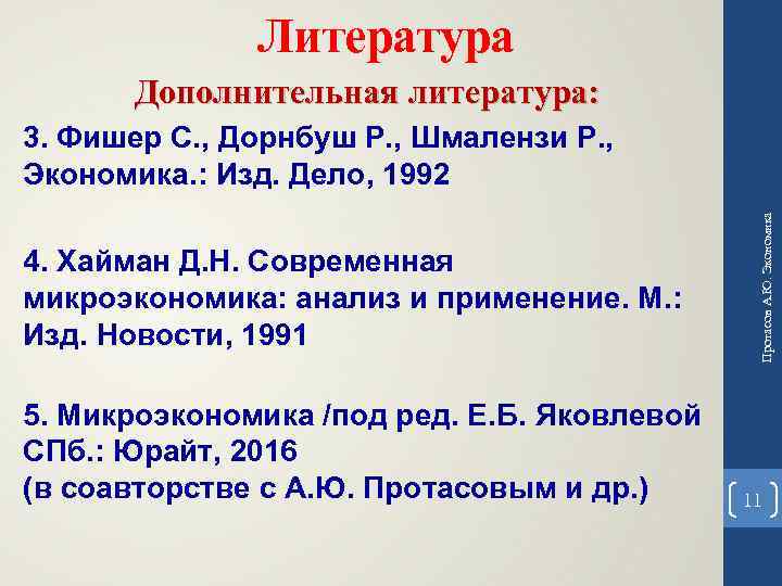 Литература Дополнительная литература: 4. Хайман Д. Н. Современная микроэкономика: анализ и применение. М. :