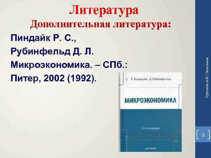 Литература Дополнительная литература: Протасов А. Ю. Экономика Пиндайк Р. С. , Рубинфельд Д. Л.