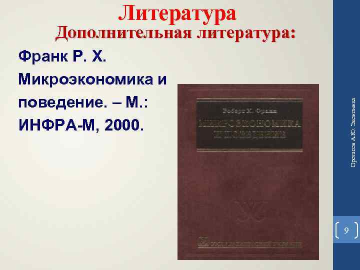 Литература Дополнительная литература: Протасов А. Ю. Экономика Франк Р. Х. Микроэкономика и поведение. –