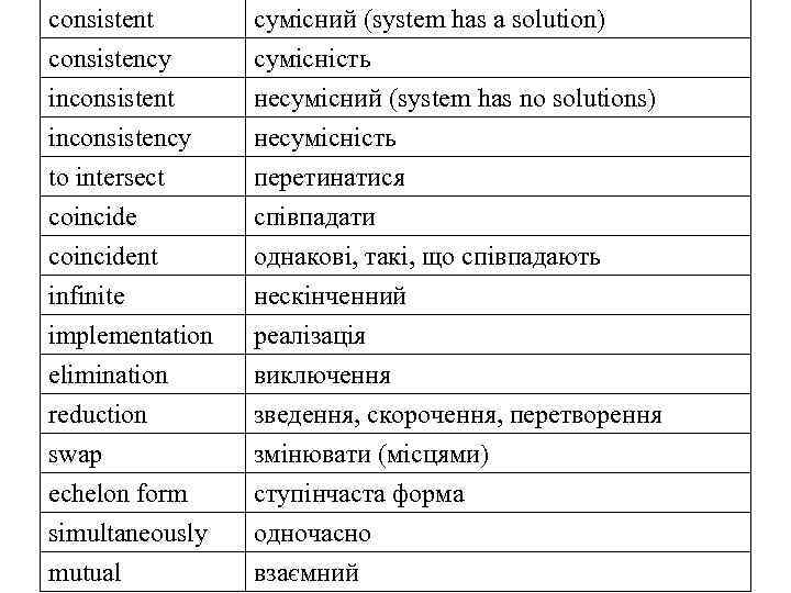 consistent consistency сумісний (system has a solution) сумісність inconsistent inconsistency несумісний (system has no