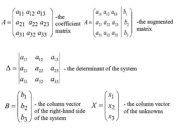 -the coefficient matrix -the augmented matrix - the determinant of the system - the