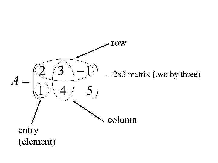 row - 2 x 3 matrix (two by three) entry (element) column 