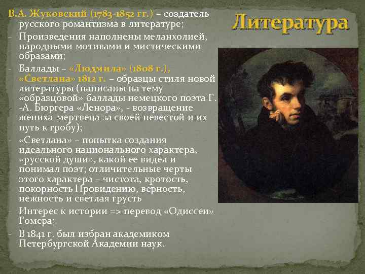 В. А. Жуковский (1783 -1852 гг. ) – создатель русского романтизма в литературе; -