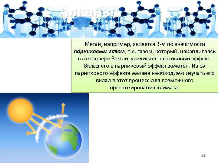 Алканы: Метан, например, является 3 -м по значимости парниковым газом, т. е. газом, который,